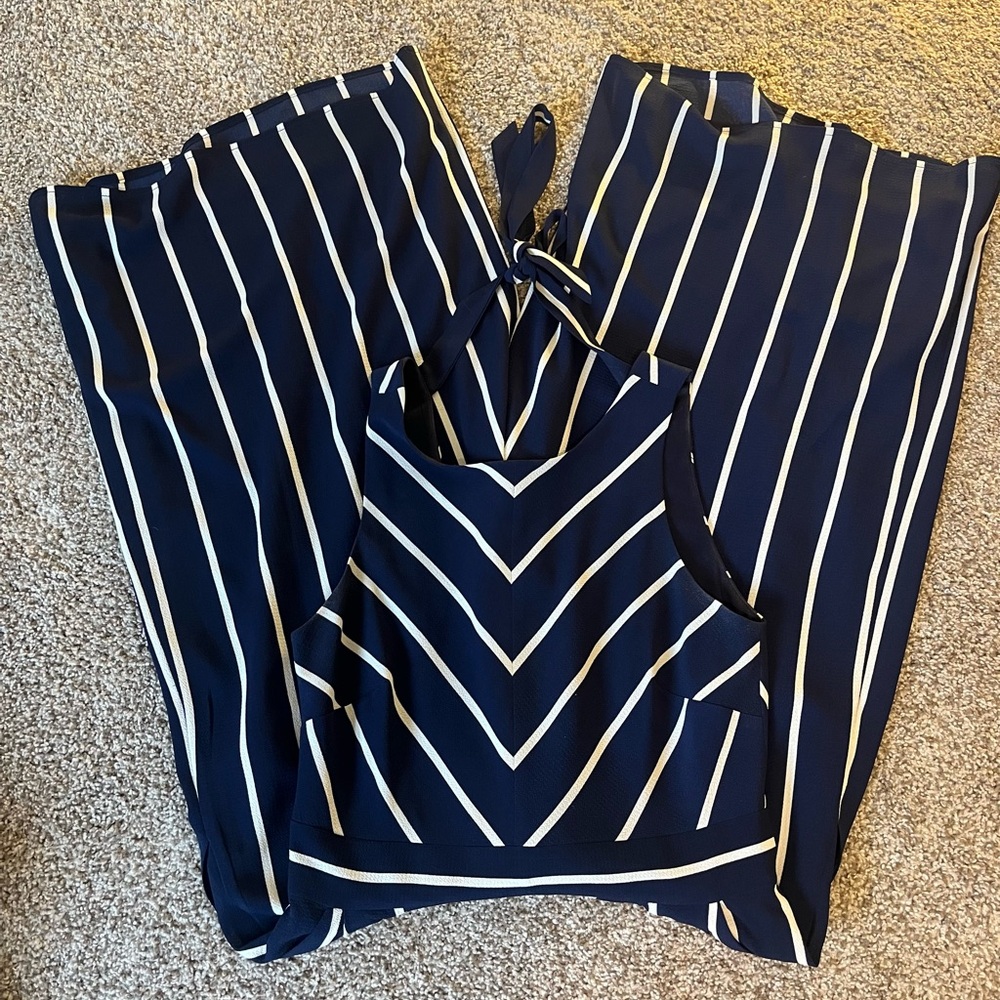 Jessica Howard Navy and White Striped Sleeveless Jumpsuit, size 4P